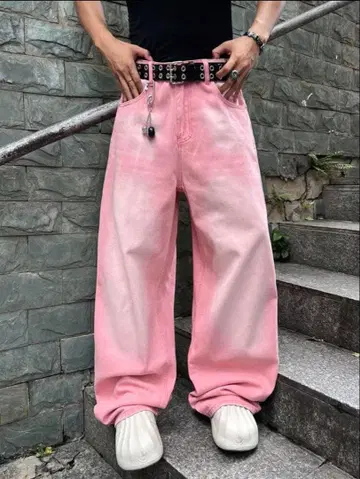 데님 와이드 배기 청바지 핑크