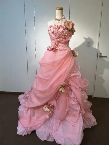 핑크 플라워 장식 롱 드레스 9~13T