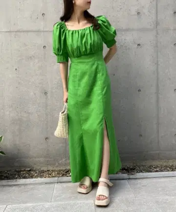 NICE CLAUP 린넨 슬릿 칼라 롱 원피스