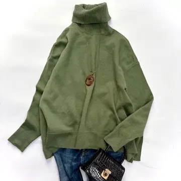 새상품급 EPOCA 에포카 터틀넥 니트 울 모 100% 그린 40 최근