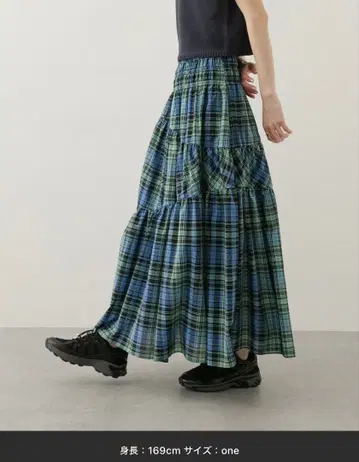 블루 계열 체크 무늬 롱 스커트 ONE 사이즈