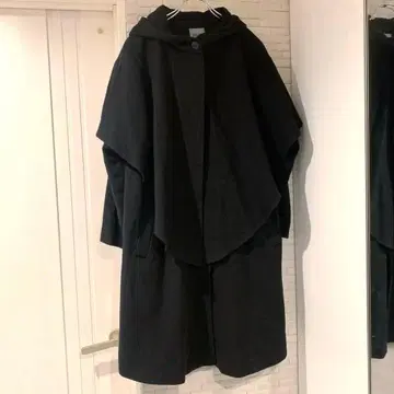 케이프 코트 울 코트 블랙 빈티지 후드 코트