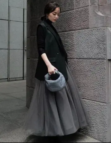 anuans 시어 볼륨 튤 스커트 차콜 그레이 M