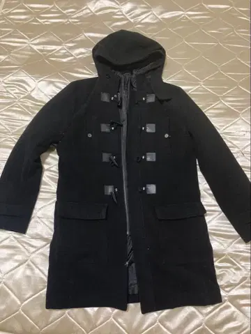 블랙 더플 코트 후드 부착