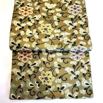 후쿠로 오비 순수 실크 오비 꽃+덩굴 패턴 그린 우구이스색 육통 무늬
