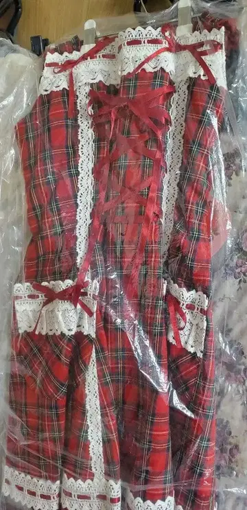 BABY 밑단 스캘럽 타탄 체크 JSK 빗 세트 크림슨