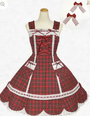 BABY 밑단 스캘럽 타탄 체크 JSK 빗 세트 크림슨