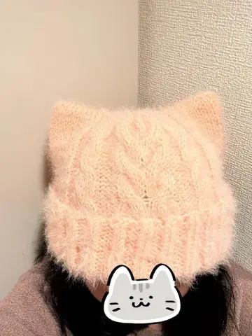 고양이 귀 달린 복슬복슬 니트 모자 핸드메이드 핑크