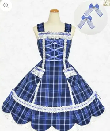 BABY 밑단 스캘럽 타탄 체크 JSK & 리본 빗 세트 블루