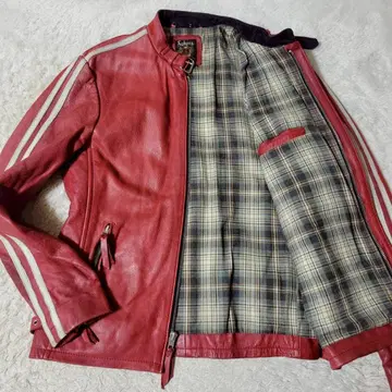 새상품급 쇼트 라이더 자켓 L 사이즈 카우 가죽 체크 무늬 빨간색