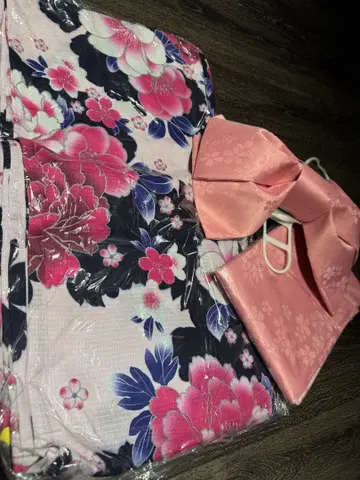 유카타 오비 세트 핑크 블랙 플라워 무늬