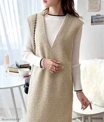 페이크 링 울 V넥 원피스 오버롤 스커트