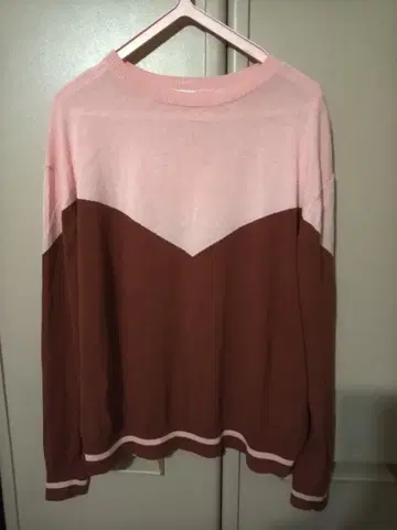 6ROKU 코튼 니트 핑크 x 브라운 심플 바이컬러 얇은 소재