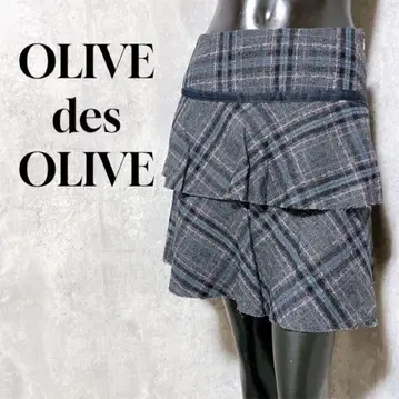 올리브 데 올리브 체크 무늬 플레어 스커트