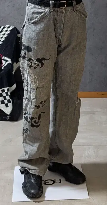 디자인 와이드 데님 배기 팬츠 호랑이 애니멀 일본풍 패턴 프린트 스케이터