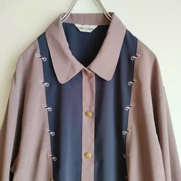 네이비 퍼플 배색 셔츠 블라우스 빈티지 자수