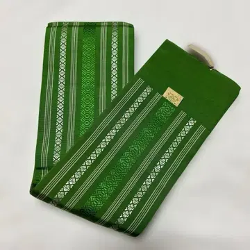 등록 상표 증지 부착 하카타오리 치쿠젠 순수 실크 오비 그린