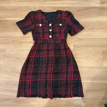 dazzy store 트위드 원피스 펄 버튼 디자인 블랙 빨간색 M