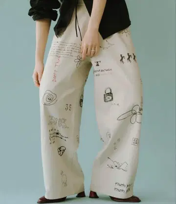 그래픽 프린트 와이드 팬츠 아이보리