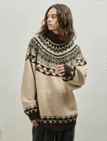 JUNTED 큐신 터틀넥 루즈 니트 풀오버 L 베이지 브라운