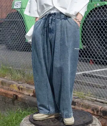 Perushu 센터 심 벌룬 데님 팬츠 S y2k 한국 와이드