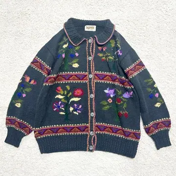 빈티지 손뜨개질 꽃무늬 니트 가디건 카라 부착 울 100% M