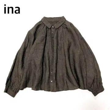 [ 새상품급 ] ina 이나 깅엄 체크 린넨 긴팔 블라우스 개더