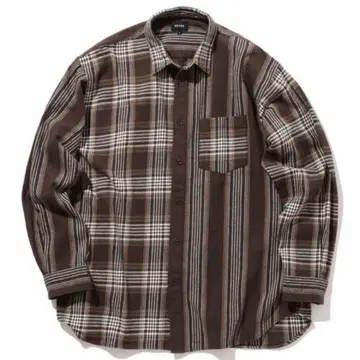 BEAMS 체크 스트라이프 긴팔 플란넬 셔츠 브라운 계열 크레이지 패턴