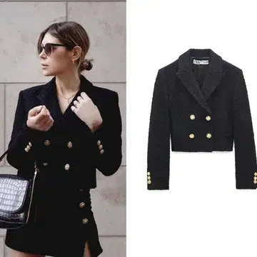 [ 새상품급 ] ZARA 더블 브레스트 텍스처 크롭 블레이저 블랙