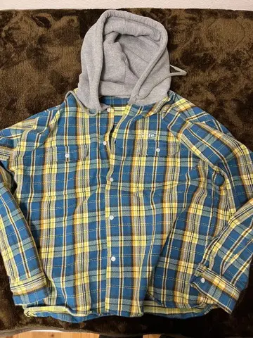 ciatre 후드 부착 플란넬 셔츠 XL 파랑 옐로우 컬러 체크
