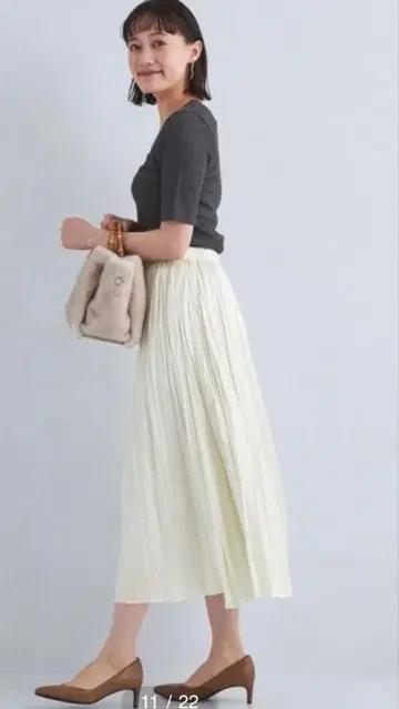 미사용 새상품 그린 라벨 릴랙싱 광택 플리츠 개더 스커트