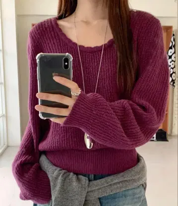 U넥 울 스웨터 플럼
