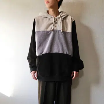 코듀로이 후드 부착 후드티 블랙/그레이/아이보리