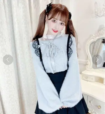 MA*RS 마즈 리본&펄 케이블 오프숄더 니트 스카이블루