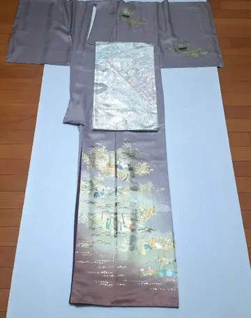 미사용품 순수 실크 금박 장식 호몬기 후쿠로 오비 2세트