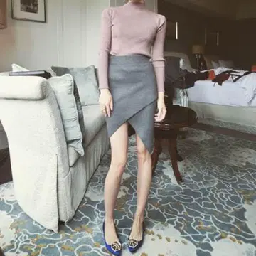 그레이 니트 비대칭 스커트