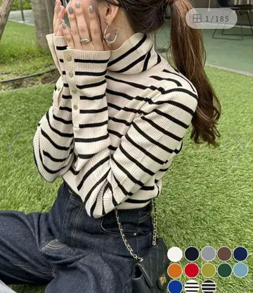 DISCOAT 리브 소매 버튼 터틀 보더 토프 니트