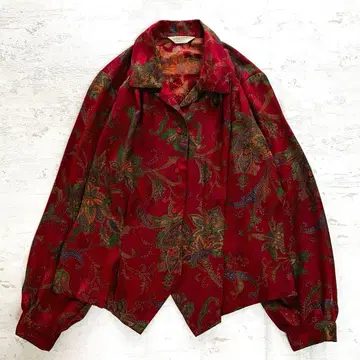 쇼와 레트로 레드 페이즐리 무늬 긴팔 블라우스 오픈 카라 프리 사이즈