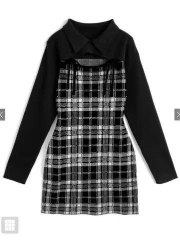 [ 미사용 새상품 ] 체크 무늬 프론트 오픈 리본 니트 미니 원피스