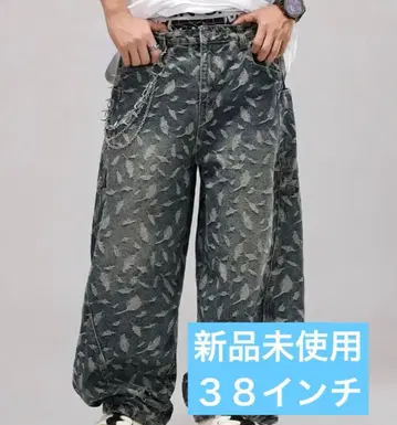 미사용 새상품 깃털 무늬 다크 블루 데님 팬츠