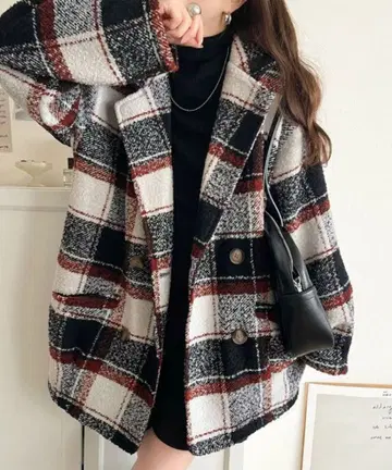 mily bilet 기모 부클 체크 무늬 더블 자켓 코트