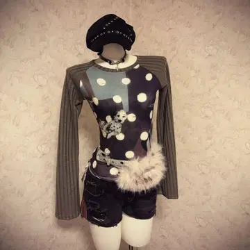 헤이세이 갸루 00s 도트 무늬 도킹 긴팔 T셔츠 Y2K 그런지