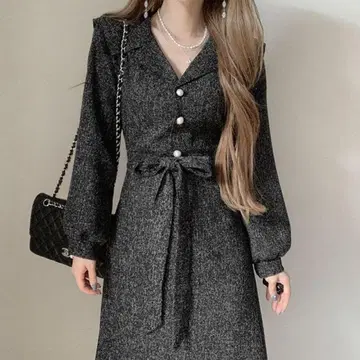 sona 트위드 세일러 카라 리본 롱 원피스