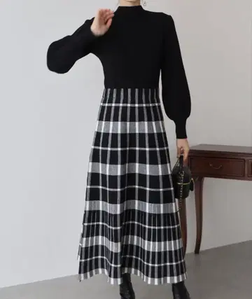 블루이스트 체크 자카드 니트 원피스 M 롱 기장