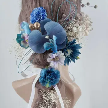 머리 장식 성인식 졸업식 결혼식 파랑 화이트 핑크 미즈히키 안개꽃 난