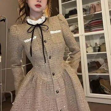 트위드 미니 긴팔 원피스 성숙/러블리 L 사이즈 가을/겨울 한국 패션