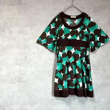 개성있는 튜닉 반팔 나팔소매 프릴 A라인 그린 브라운 화이트 M 봄/여름