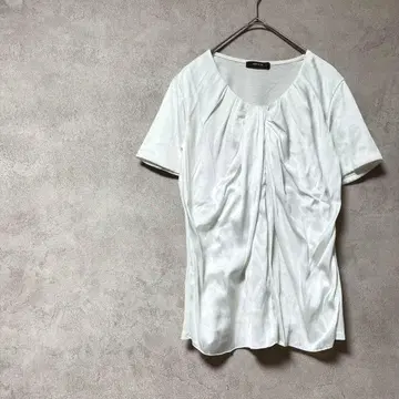 컴시즘 티셔츠 반팔 화이트 넥 개더 광택 T셔츠 봄/여름 프릴