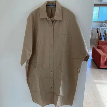 베이지 코튼 100% 롱 셔츠 원피스