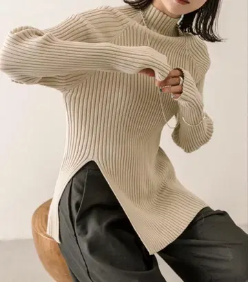 mystic 사이드 슬릿 하이넥 리브 니트 (베이지) 시착만 한 상품